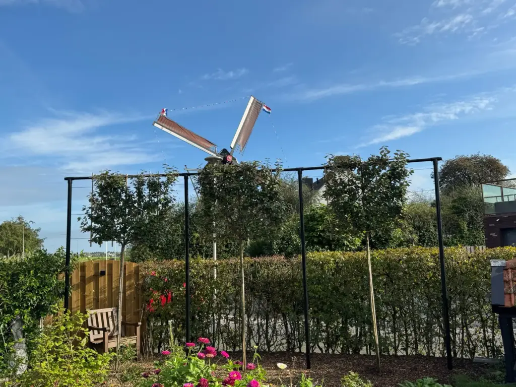 Tuin met leibomen en bloeiende border, door Tuinrobuust